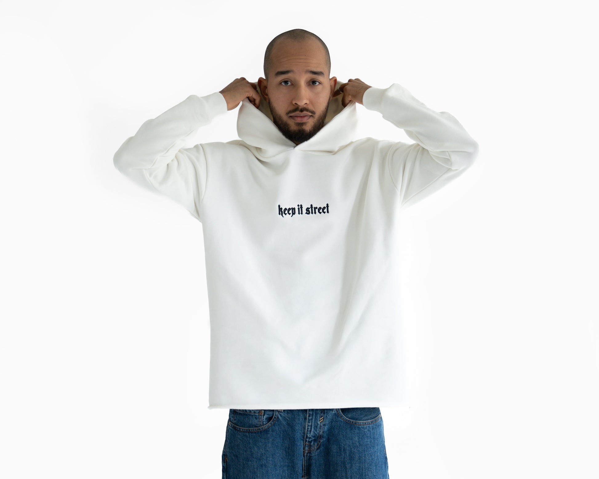 Hoodie "Keep it Street" with embroidery on the hood in white streetwear